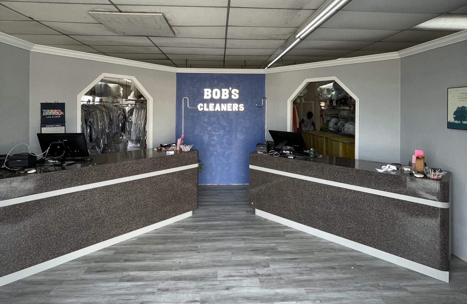Reception counter at Bob's Laundry and Dry Cleaning